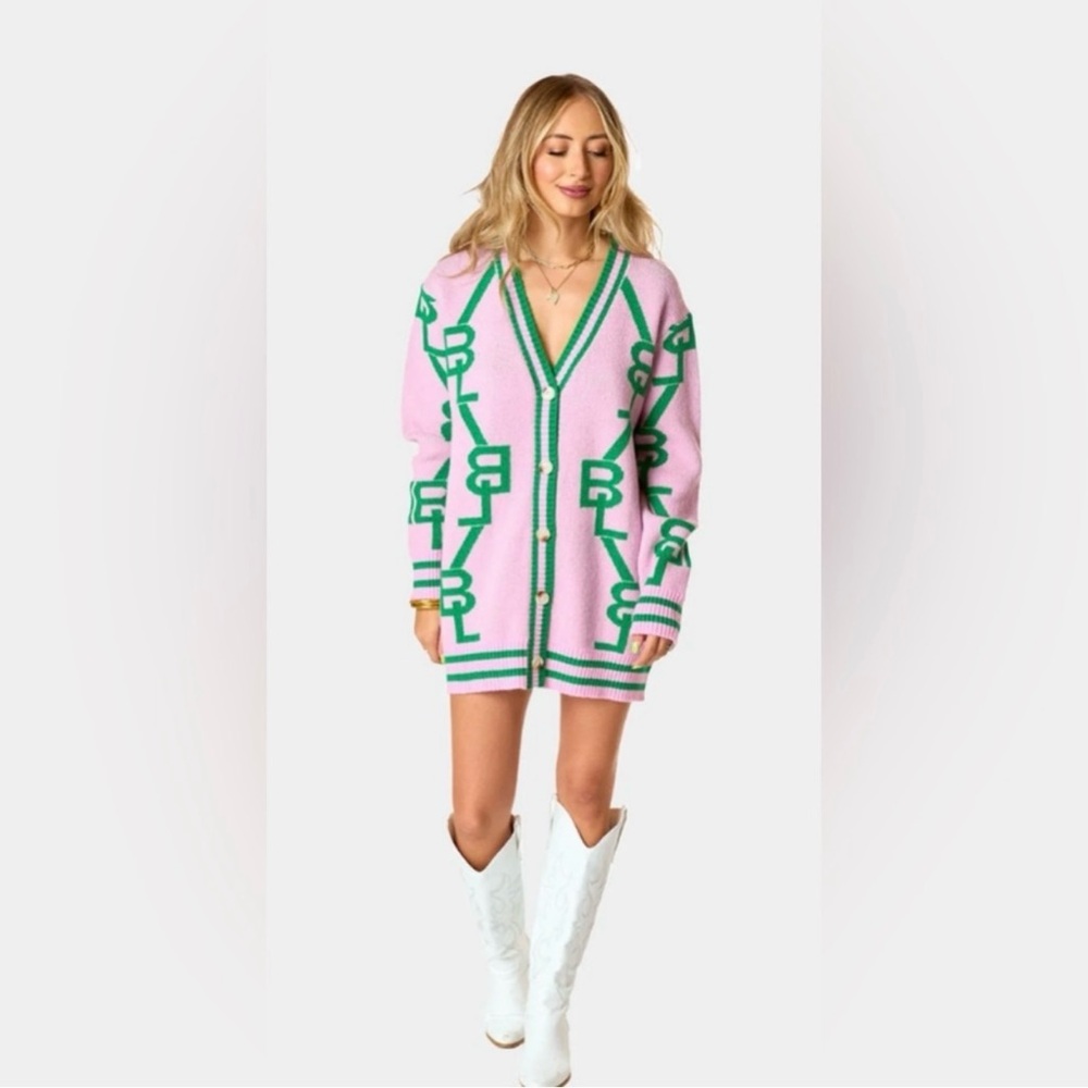 Buddy Love Pink and Green Logo Knit Cardigan